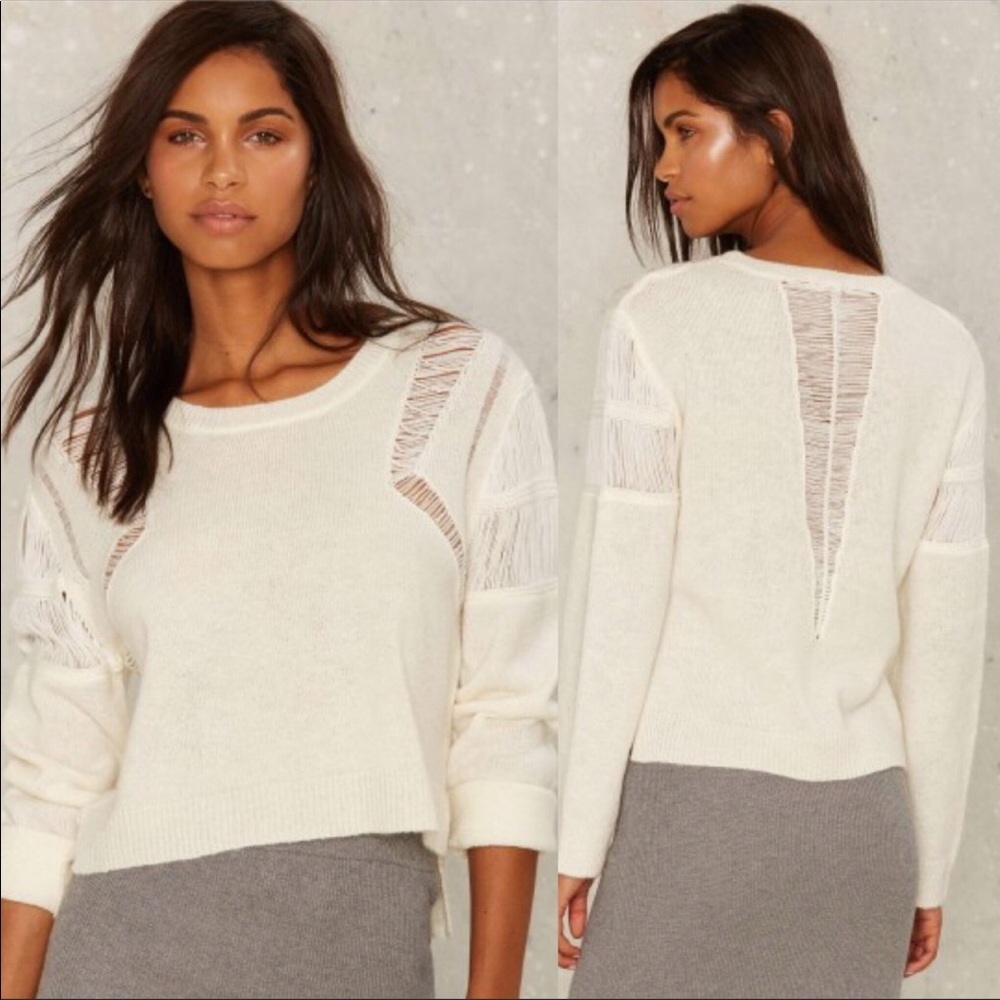 White cream fuzzy distressed sweater by glamour